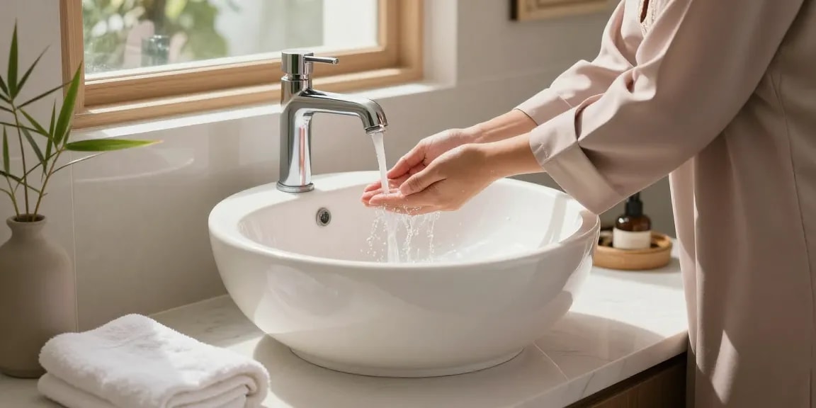 Wudu basin in a serene washroom setting, showcasing modern design and functionality.