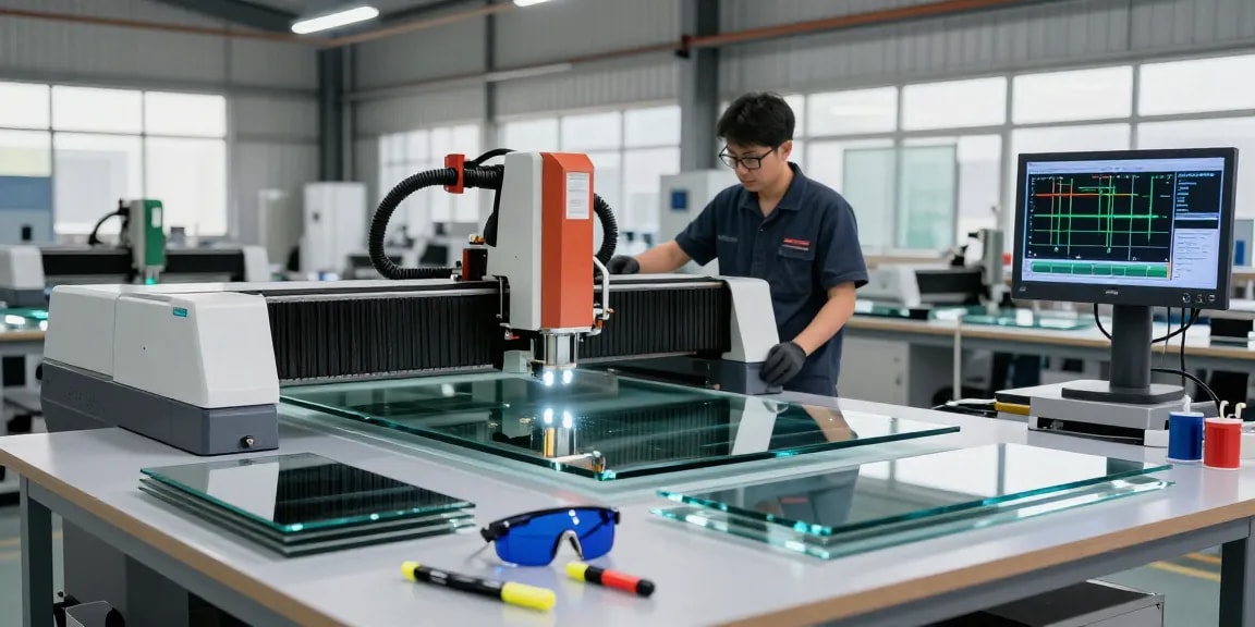 CNC glass cutting machine in action, showcasing precision and technology in glass processing.