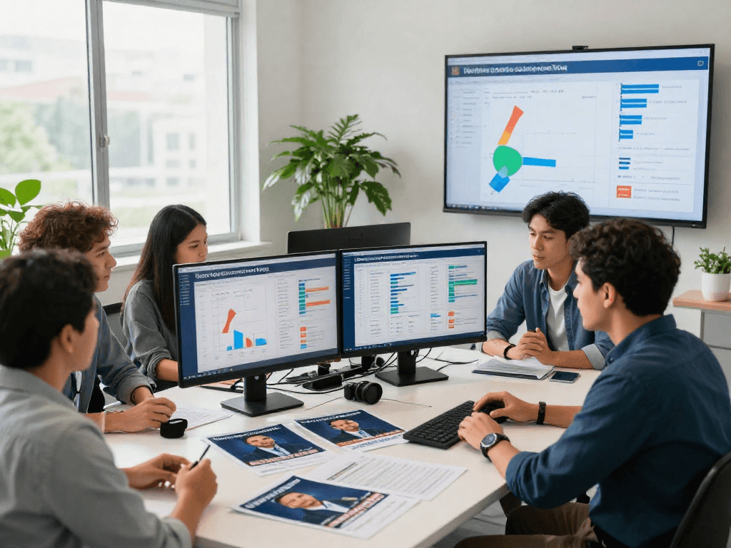 Creating meta ads for political campaigns in a collaborative office setting with data and strategy discussions.