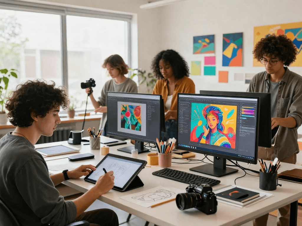 Creators exploring NSFW AI tools in vibrant creative workspace with digital art tools.