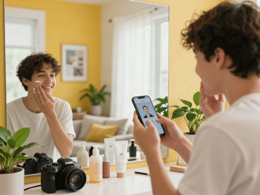 Youthful person checking how old do I look using a mobile app in a bright, inviting home.