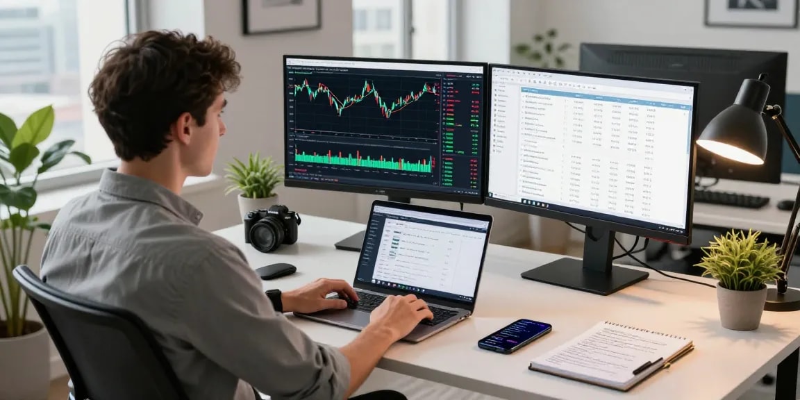 Focused trader using MetaTrader 4 in a modern home office, analyzing live forex charts and orders.