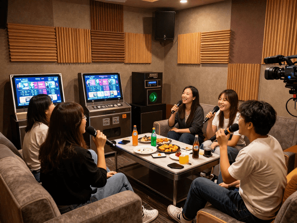 강남 유앤미의 프라이빗 룸에서 친구들과 노래를 즐기는 장면