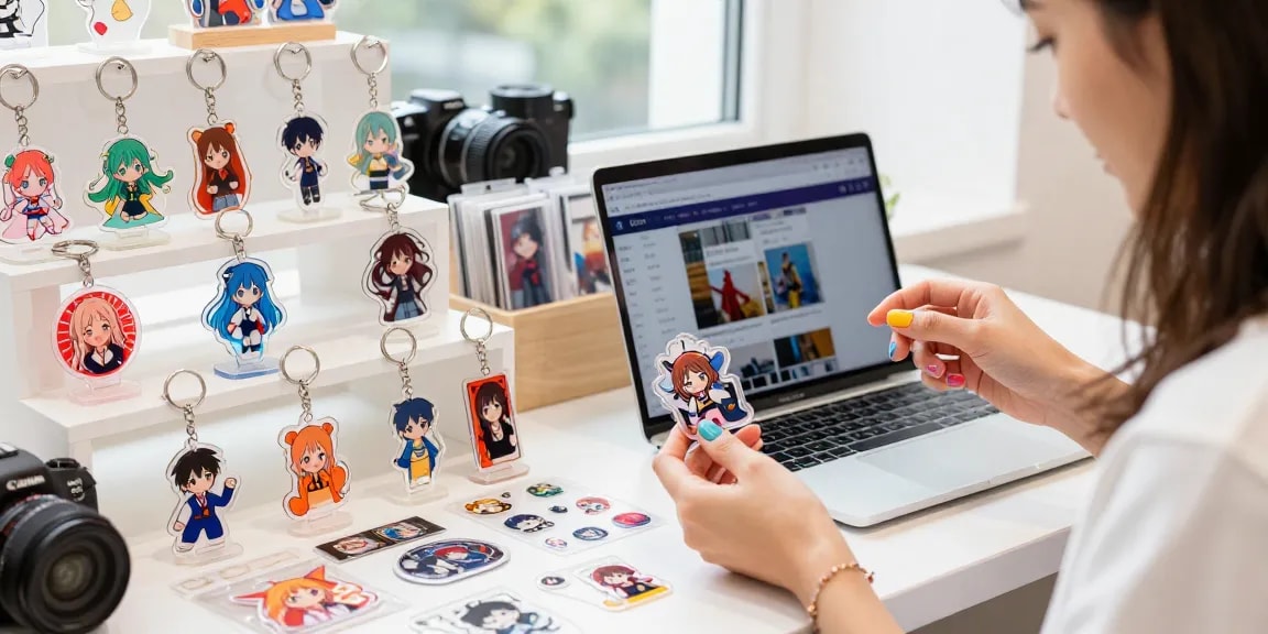 Custom acrylic keychain display in urban e-commerce setting, highlighting vibrant designs and user engagement.