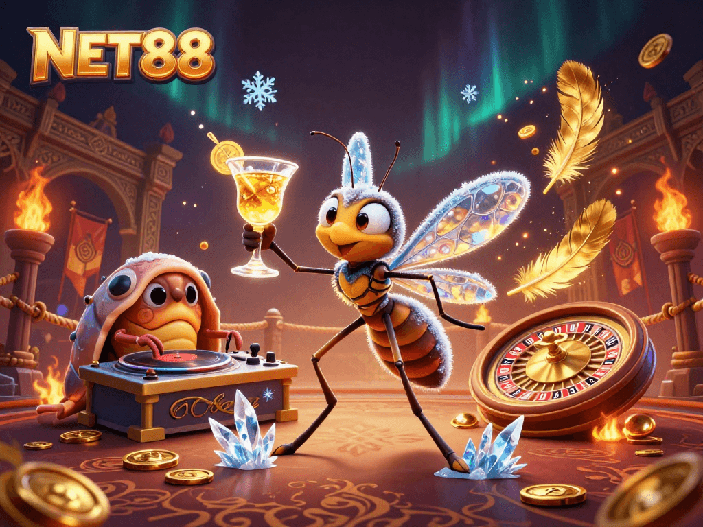 Experience NET88 excitement with a frozen mosquito mascot and casino elements in a vibrant scene.