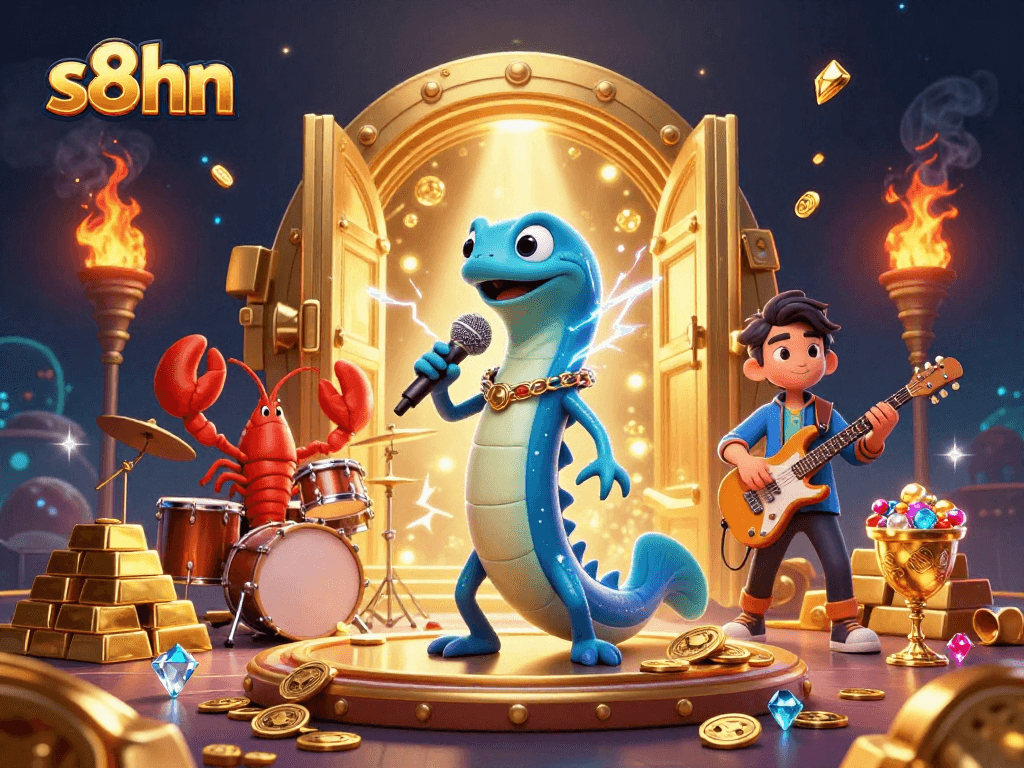 S8HN showcases a vibrant underwater casino scene featuring a DJ electric eel, lobster drummer, and seahorse guitarist surrounded by treasures.
