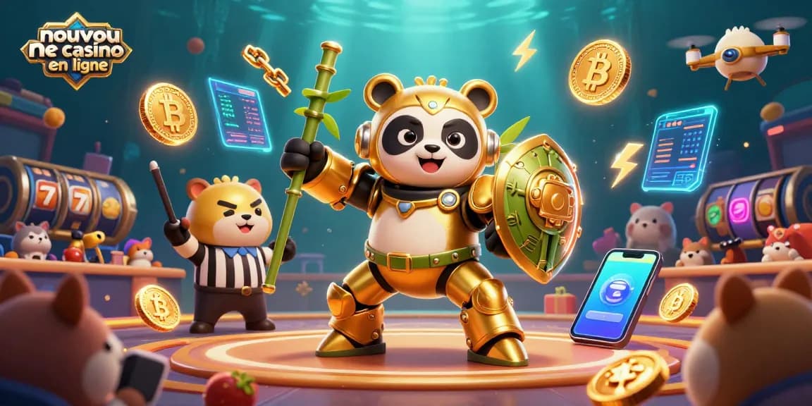 Découvrez les jeux du nouveau casino en ligne avec un panda en combinaison de combat au milieu d'une arène animée.