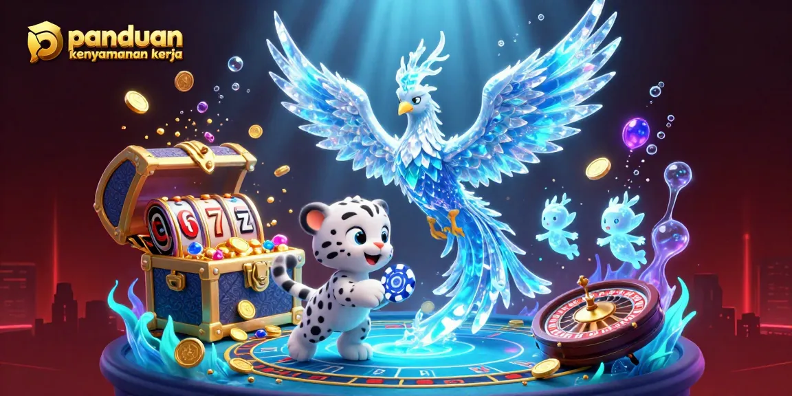 The panduan kenyamanan kerja illustration depicts an ice phoenix, snow leopard cub, and glowing sprites engaging with colorful casino elements in a vibrant scene.