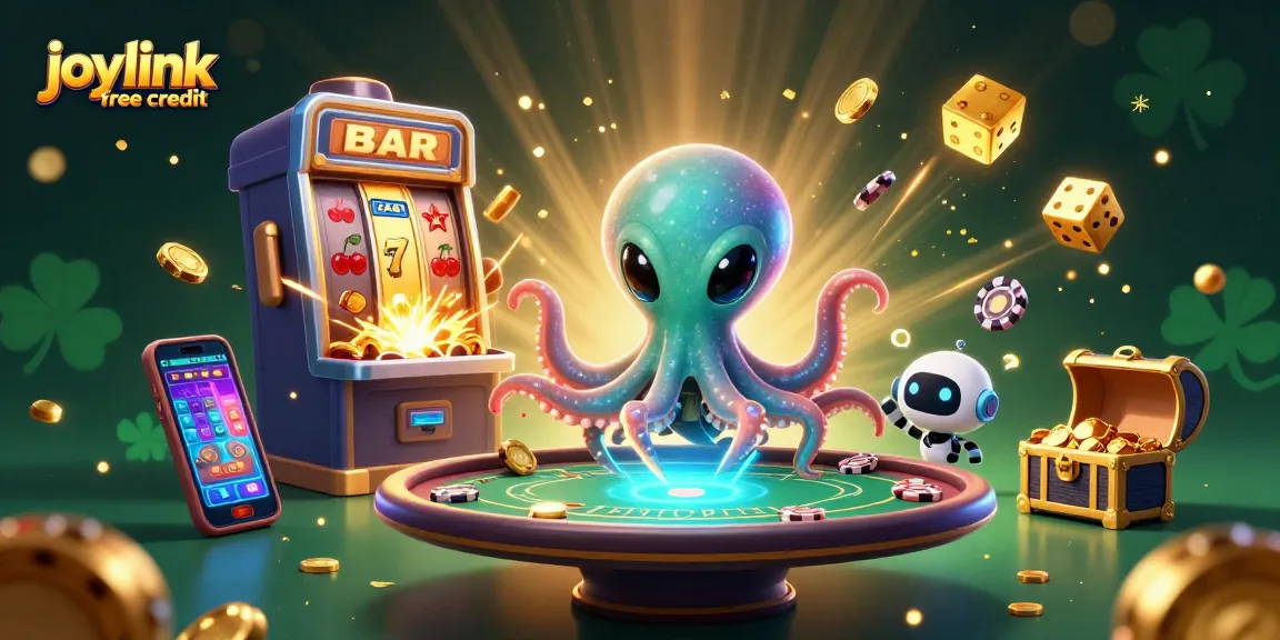 Join the fun with joylink free credit at a vibrant casino scene featuring an alien octopus and vibrant slot machine.