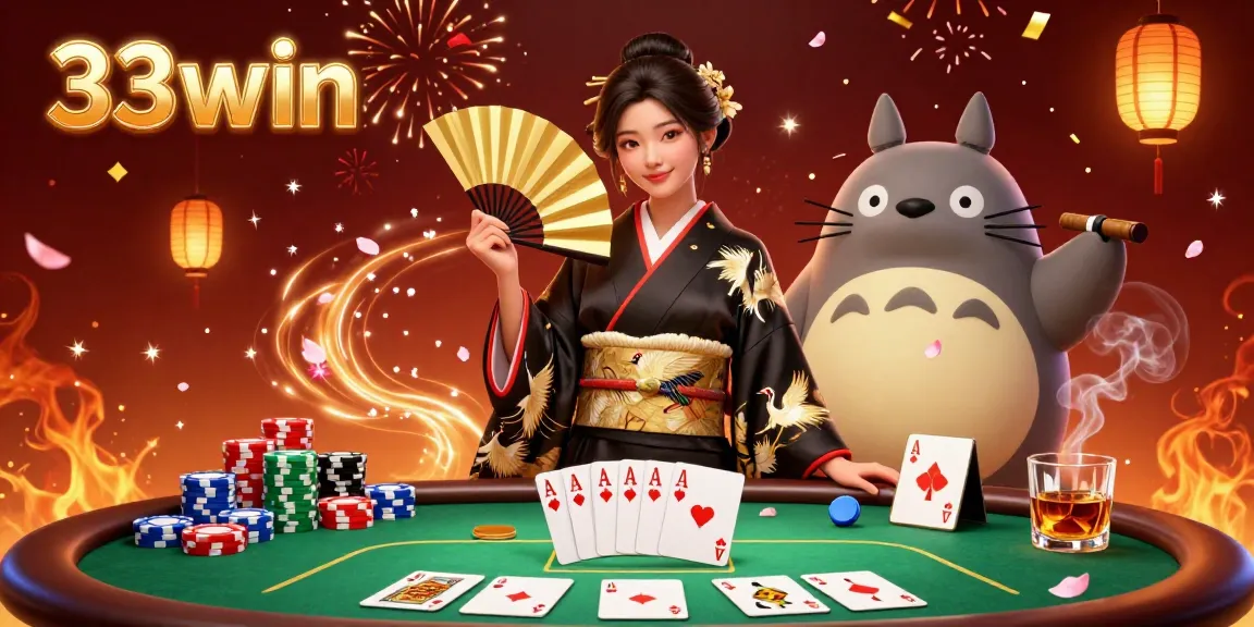 Experience the excitement of 33win with a vibrant 3D casino illustration showcasing poker, luxury, and tradition.