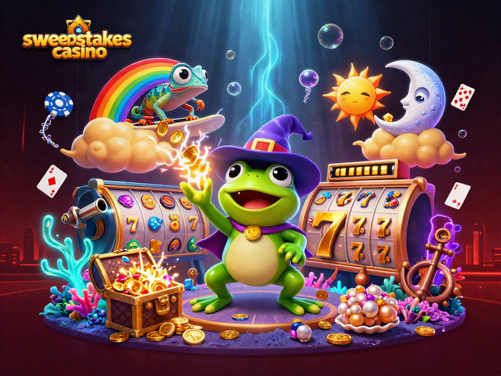 Engage with the sweepstakes casino action featuring vibrant characters and colorful gaming elements.