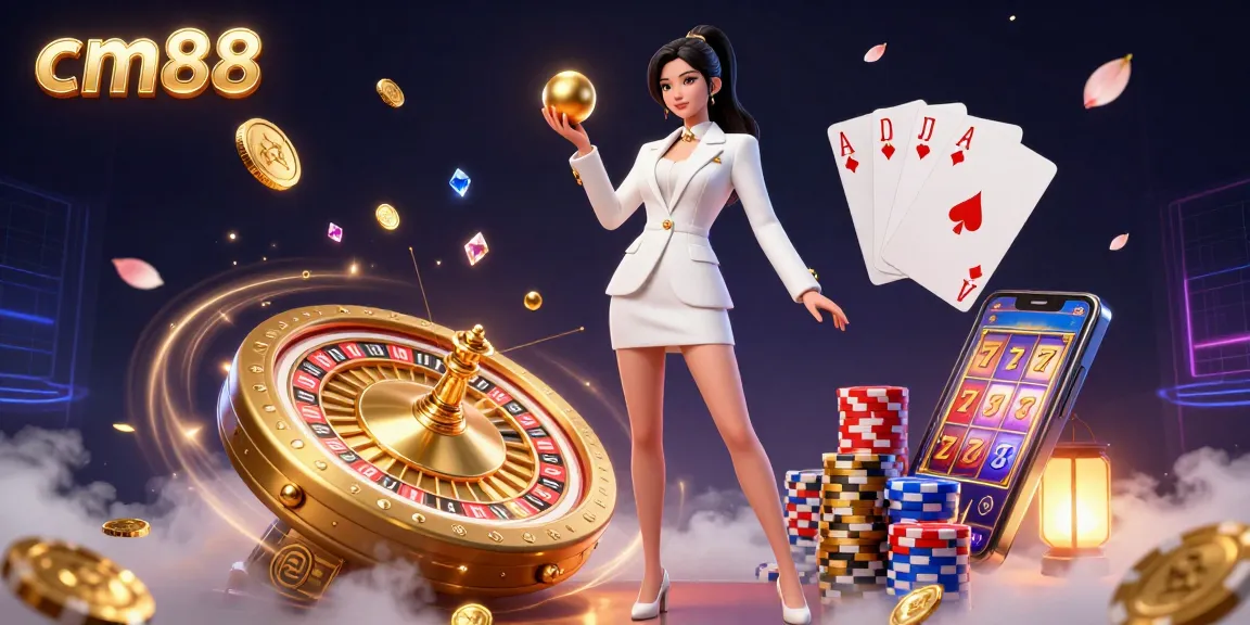 Experience thrilling casino gameplay with cm88, showcasing detailed slot reels, poker chips, and vibrant gaming elements.