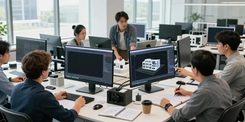 CAD modeling contractor team collaborating on architectural designs in modern office