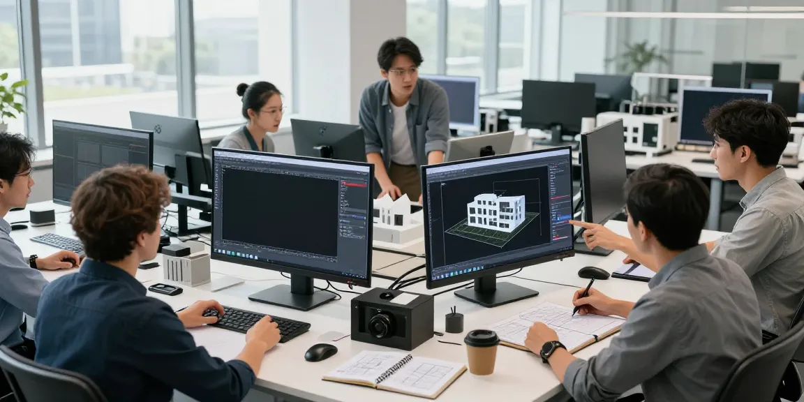 CAD modeling contractor team collaborating on architectural designs in modern office