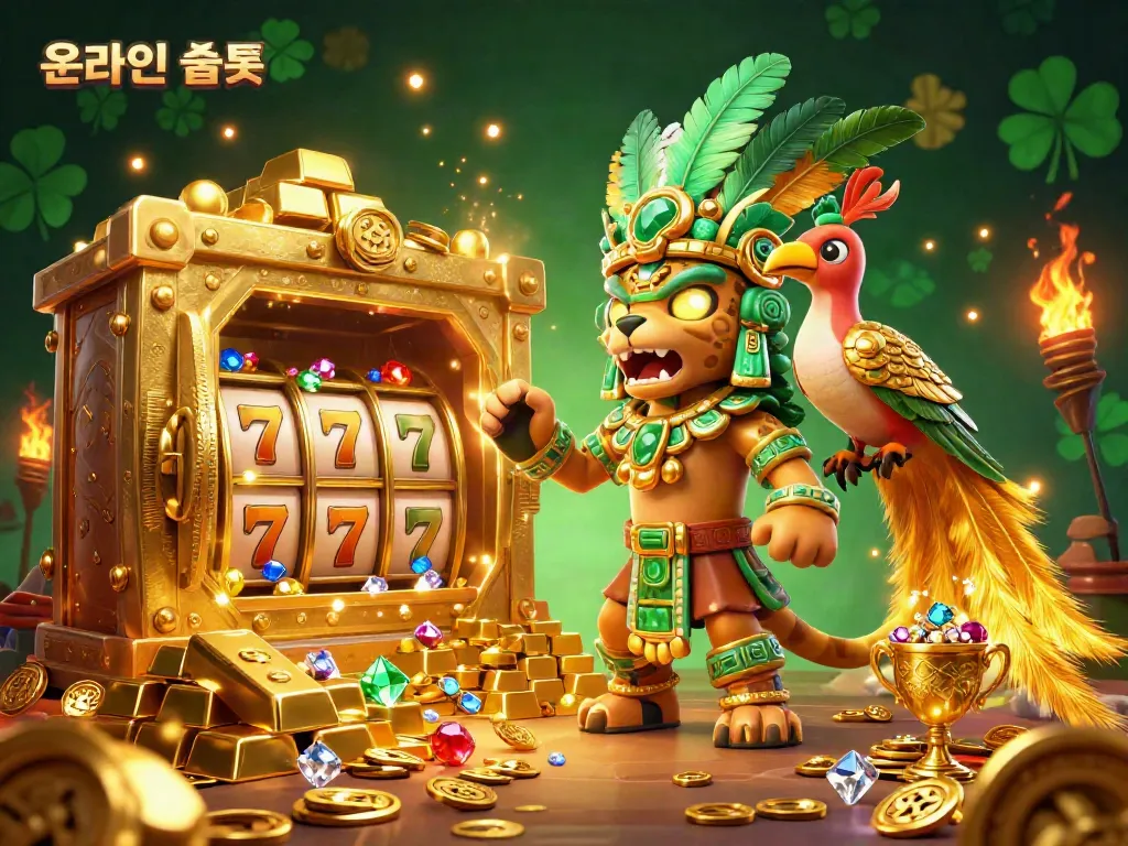 Experience the excitement of 온라인슬롯 with a vibrant scene depicting dynamic slot reels and a Mayan jaguar priest amidst treasures.