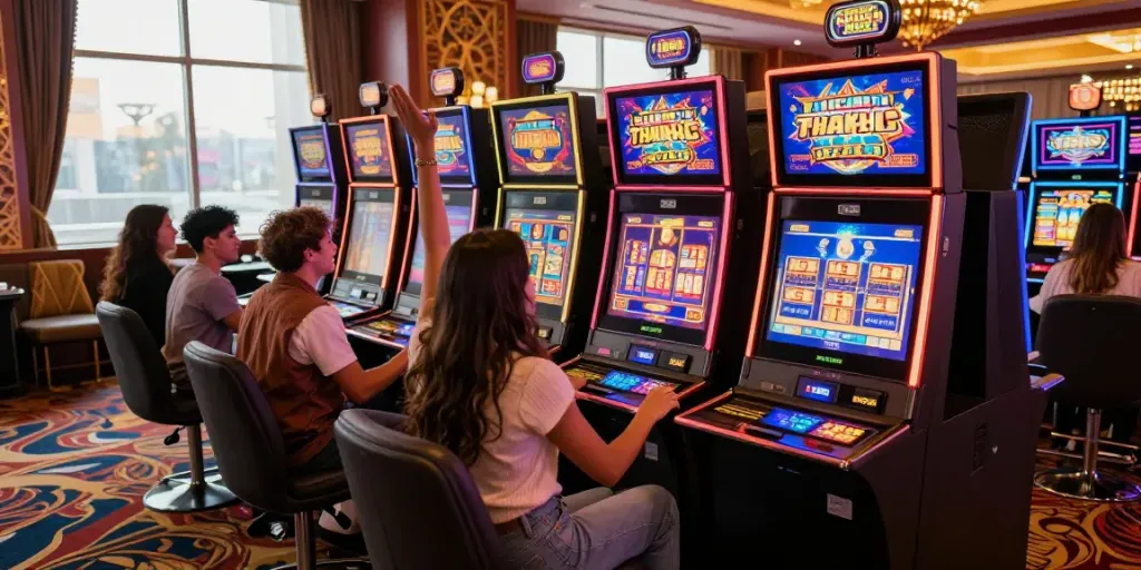 Suasana slot gacor dengan pemain bahagia merayakan kemenangan di mesin slot.