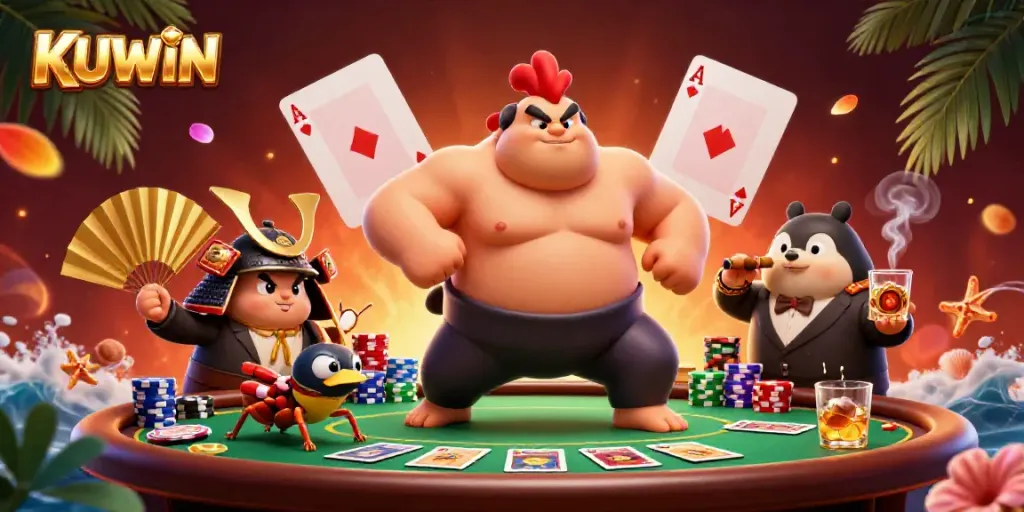Experience the thrill of KUWIN casino with intense 3D animated characters in a poker showdown.