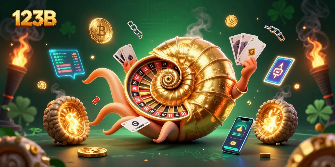 Engage in thrilling bets at 123B featuring an ancient nautilus roulette wheel and glowing crypto elements.