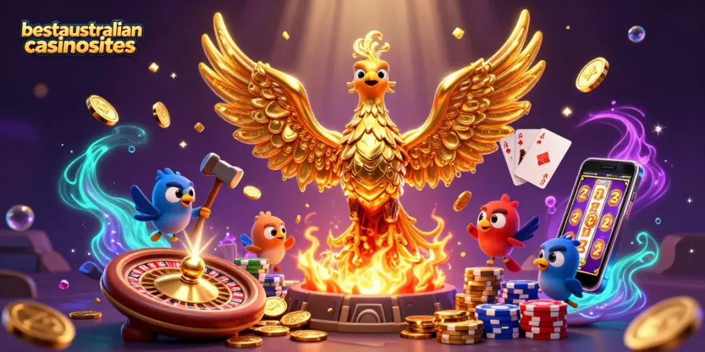 Join the excitement at bestaustraliancasinosites, featuring a dynamic scene of golden phoenix and roulette.