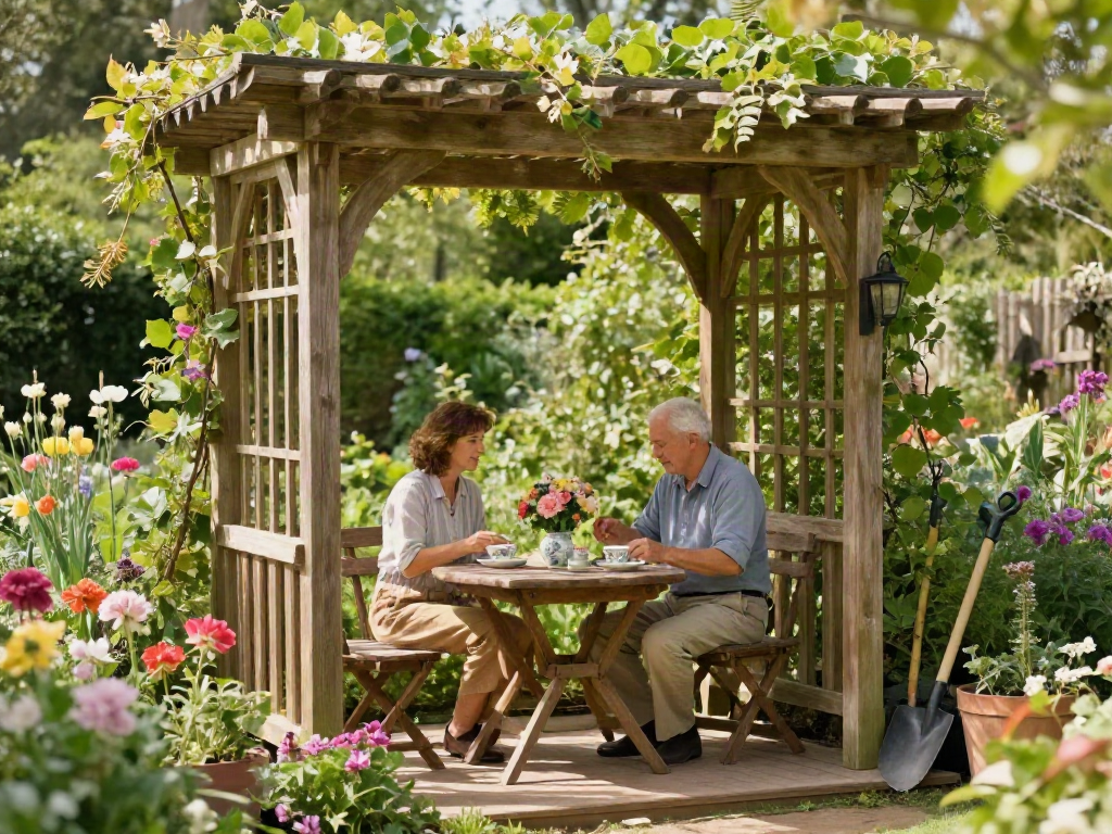 Quality wooden arbours in a picturesque garden setting with blooming flowers and a tea ceremony.