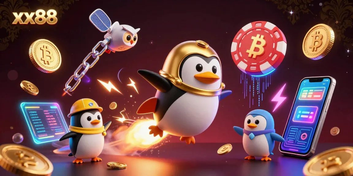 Engage with xx88 as the golden penguin navigates a cosmic casino, showering coins.