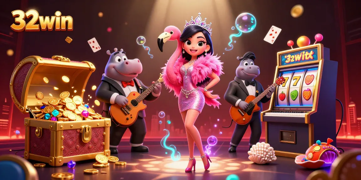 Experience thrilling wins at 32win with colorful slot machines and entertaining avian performers in this vibrant casino illustration.