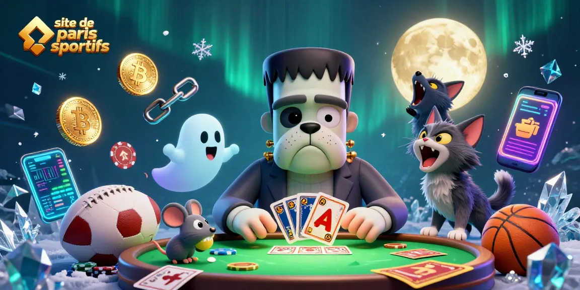 Illustration dynamique d'un site de paris sportifs avec un bulldog et un chat loup en pleine action autour d'une table de jeu.