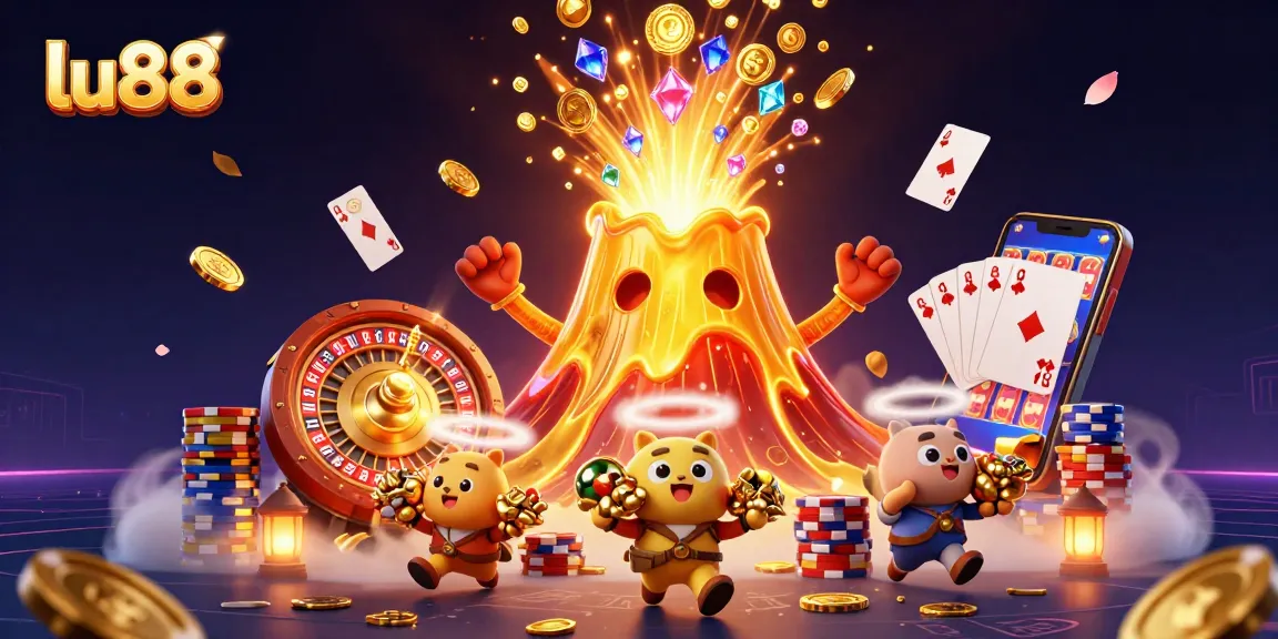 Experience thrilling wins at lu88 with golden volcano erupting coins and treasure in vibrant digital art.