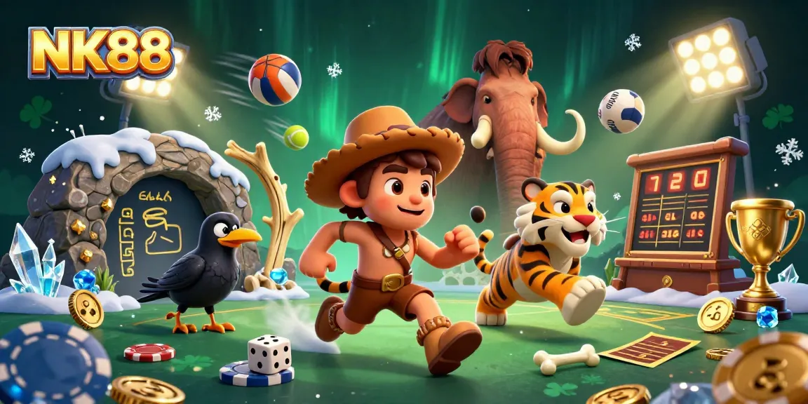 Play in NK88's dynamic casino with caveman and tiger and festive sports elements.