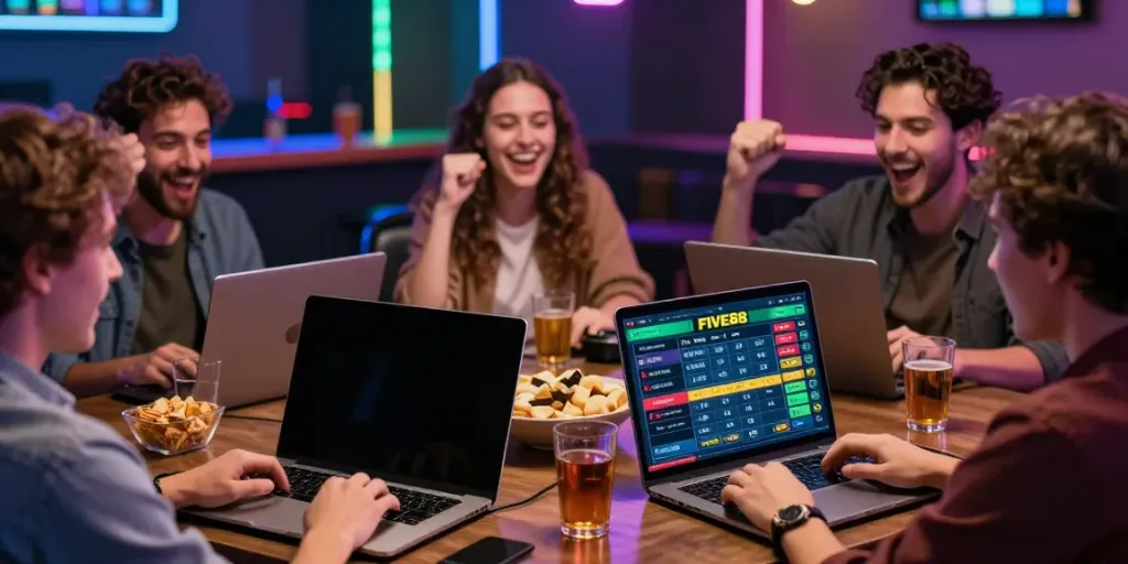 Friends engaging in an exciting betting experience at FIVE88 online platform.