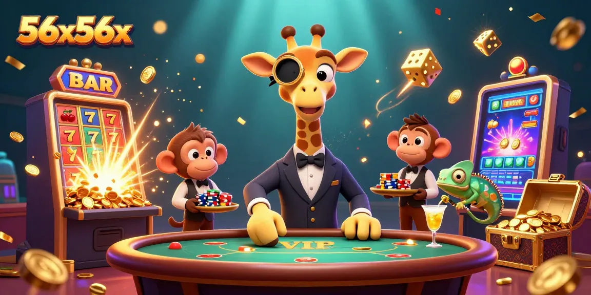 Play casino games like 56x56x with a high-roller giraffe and monkey valet, enjoying jackpot excitement.