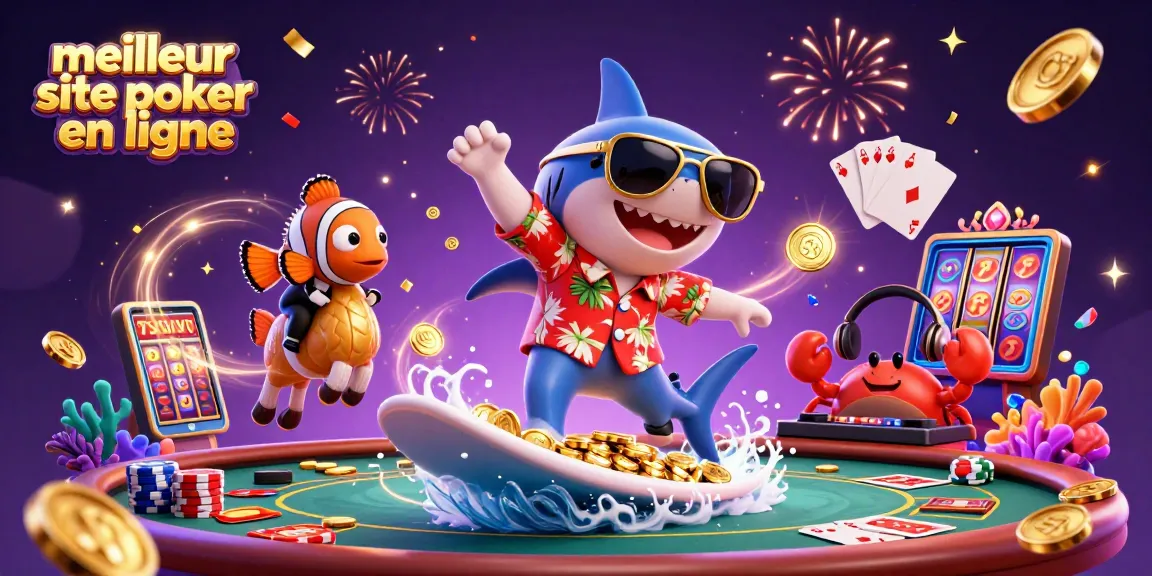 Le meilleur site de poker en ligne célèbre avec un requin marteau surfant sur des pièces d'or et des cartes à jouer.