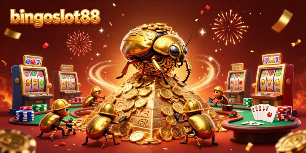 Bermain bingoslot88 dengan kumbang dung emas yang menggulir koin berkilauan di kasino meriah