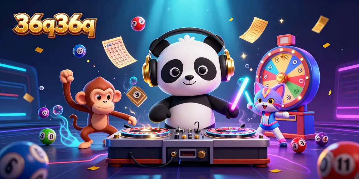 Engage with 36q36q as the DJ panda spins casino-themed roulette wheels amidst colorful lottery balls.