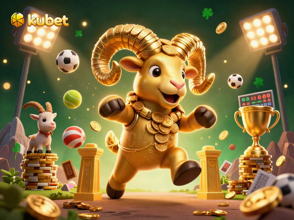 Kubet sports betting scene with a golden ram charging through coins and sports gear.