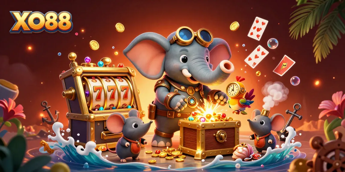 Spin to win at XO88 with a vibrant 3D steampunk casino scene featuring interactive gaming elements.