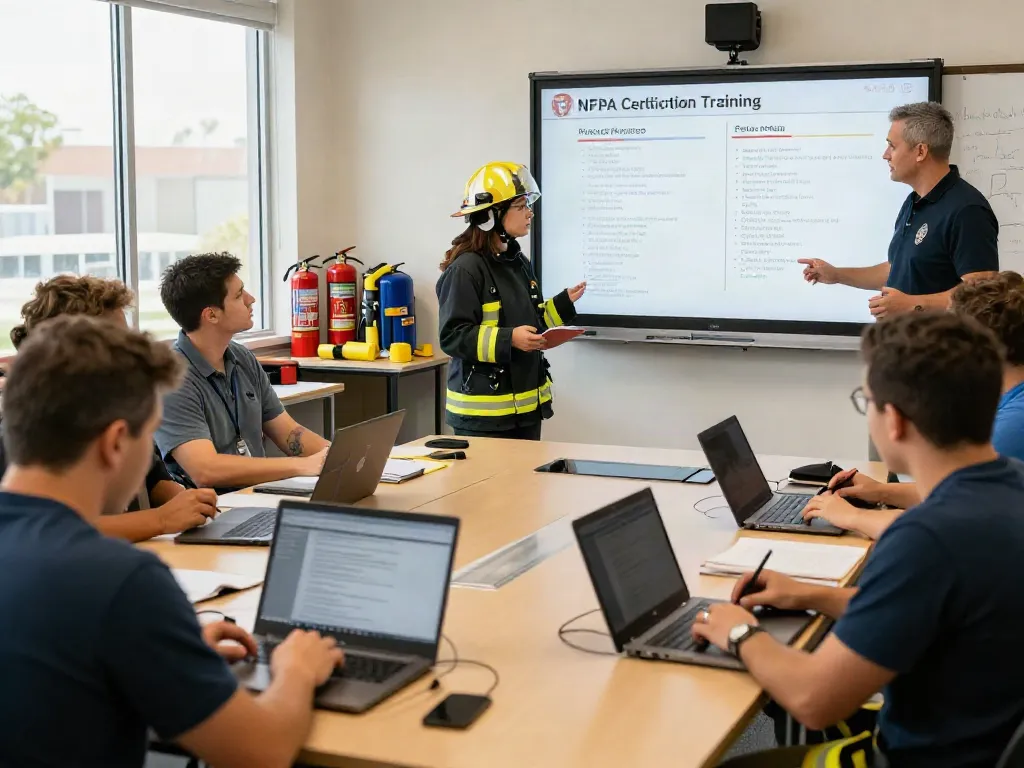Engaged professionals participating in NFPA Certification Training session led by an expert instructor, surrounded by interactive learning materials and safety equipment.