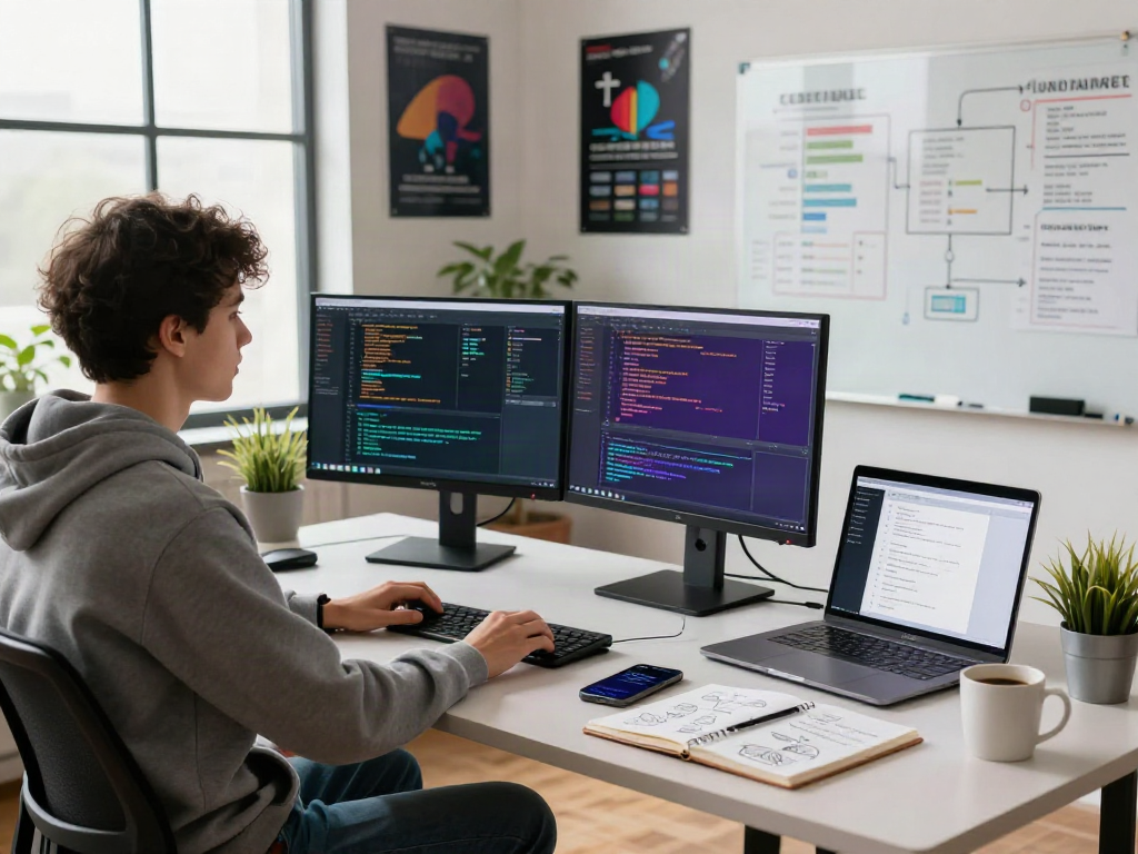 Software developer coding on dual monitors and laptop showcasing pikashow app designs in a vibrant tech workspace.