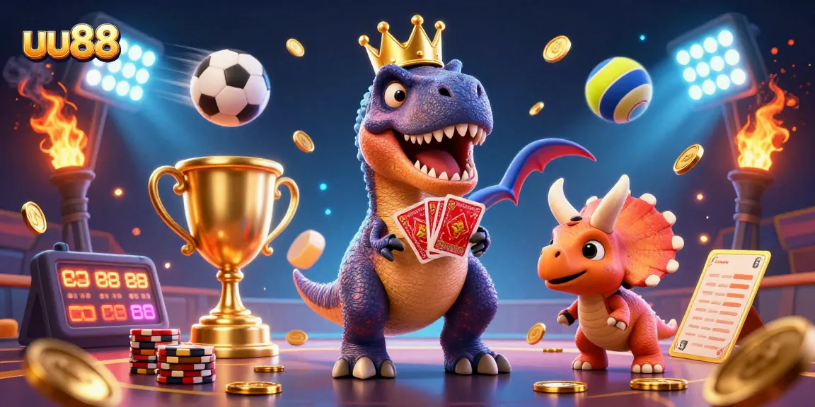 uu88 showcases a vibrant scene of a T-Rex and friends in a dynamic casino setting, merging fun and gambling.