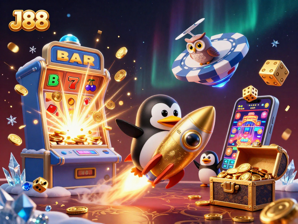 Experience J88 magic as a golden penguin races towards a casino chip space station in an explosive jackpot scene.