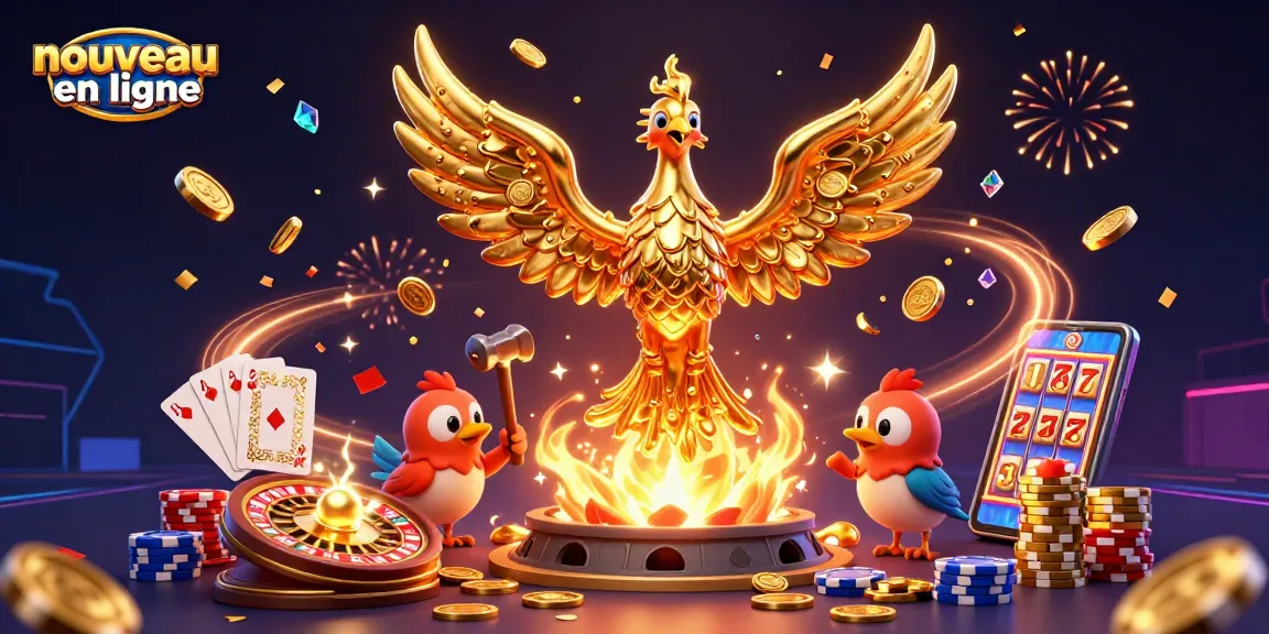 Jouez au nouveau casino en ligne avec une illustration dynamique de phoenix doré et des pièces en cascade.