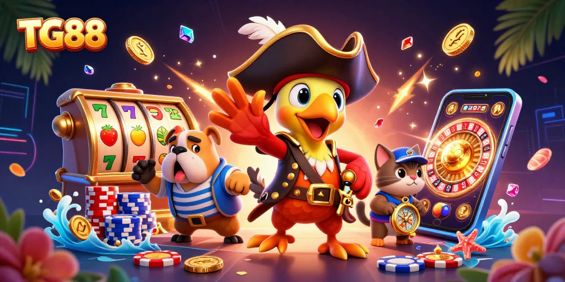 TG88 showcases a vibrant pirate-themed 3D slot scene with dynamic characters and casino elements.