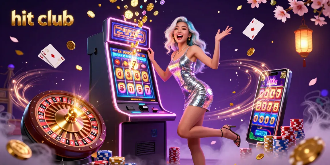Experience the thrill of hit club at a vibrant casino scene with a jackpot-winning Asian woman.