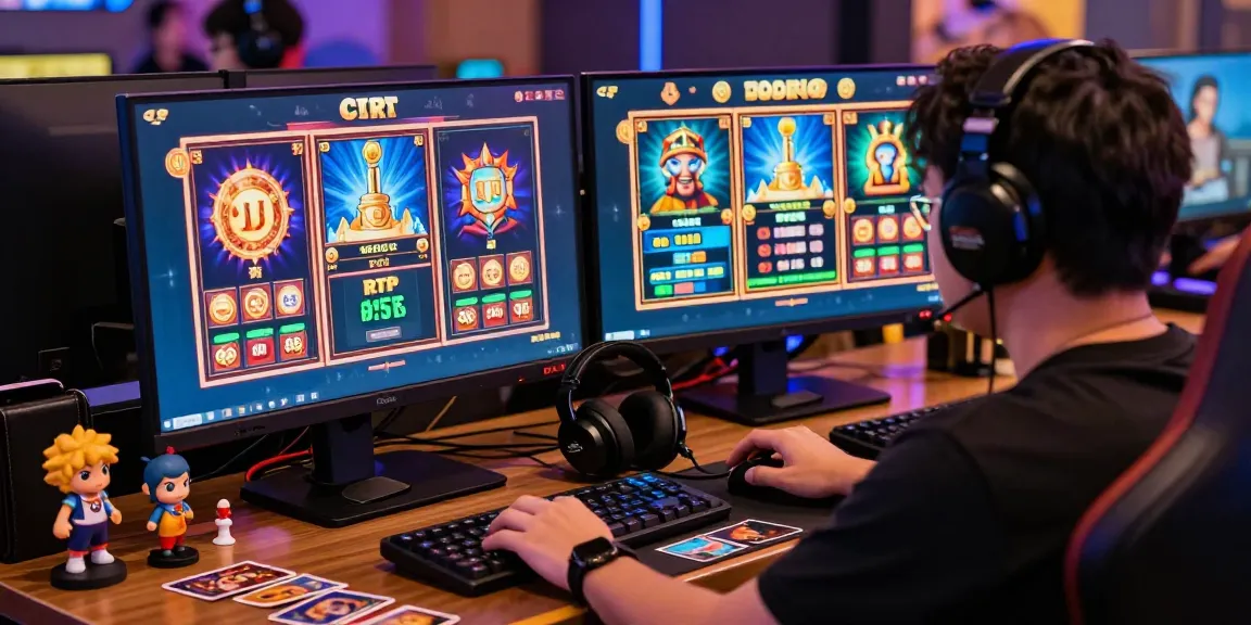 Playbook88 gaming experience with vibrant online slots at a stylish desk.