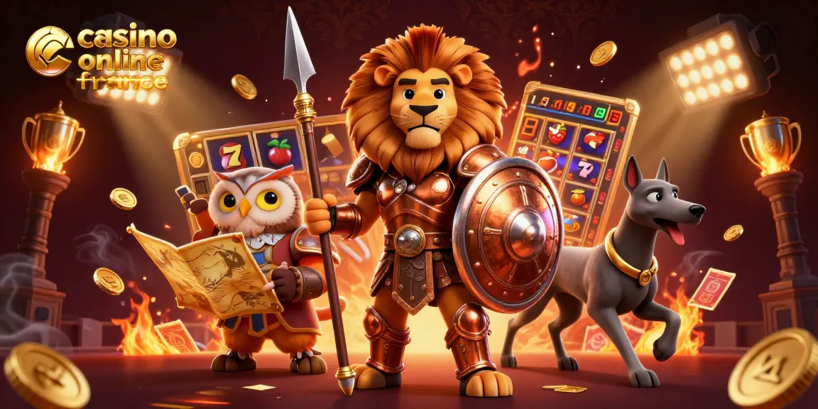 Illustration colorée et animée représentant le lion Spartiates et des éléments de casino, casino online france à l'honneur.