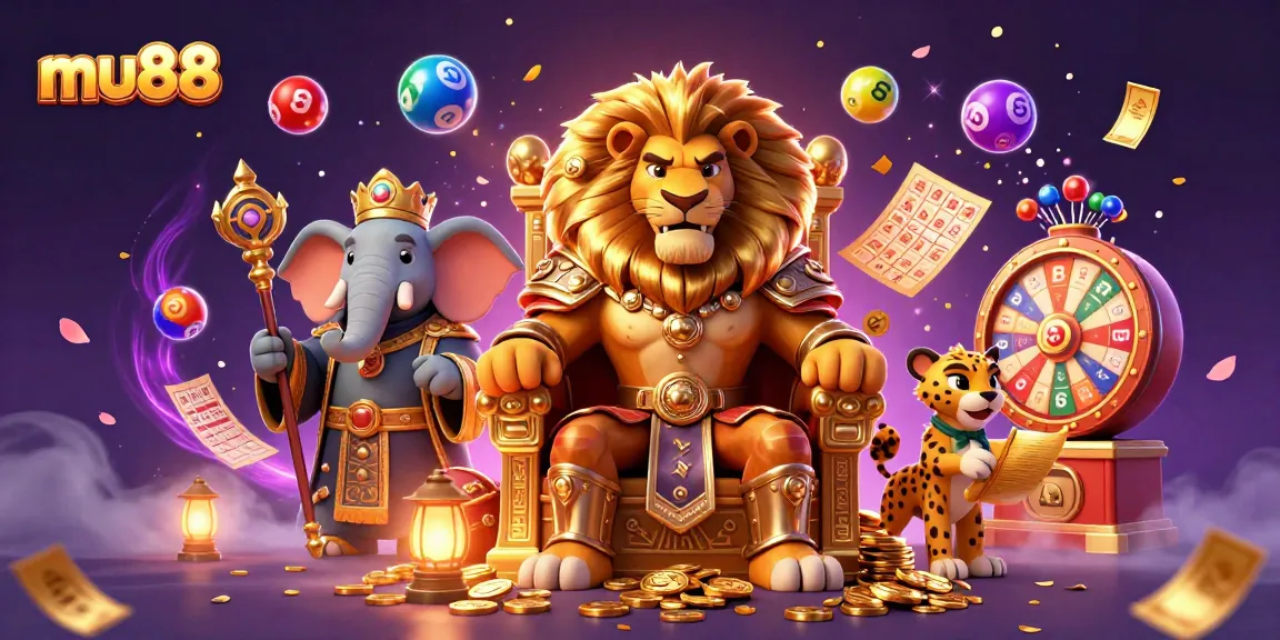Experience thrilling fun at mu88 with the lion king and friends amidst colorful lottery balls and dynamic game elements.