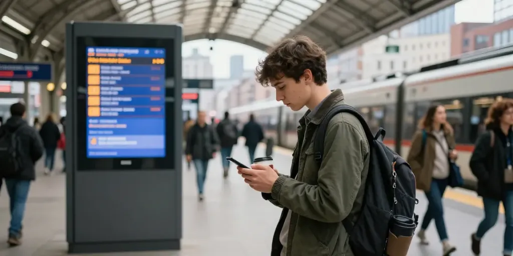 Commuter checking smartphone for train strikes at busy train station.