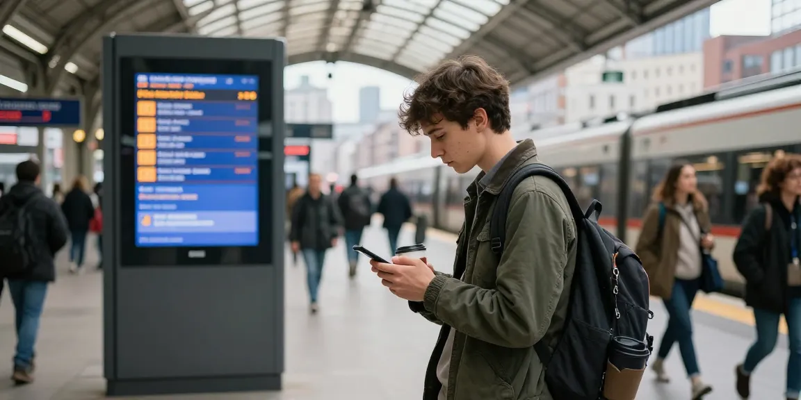 Commuter checking smartphone for train strikes at busy train station.