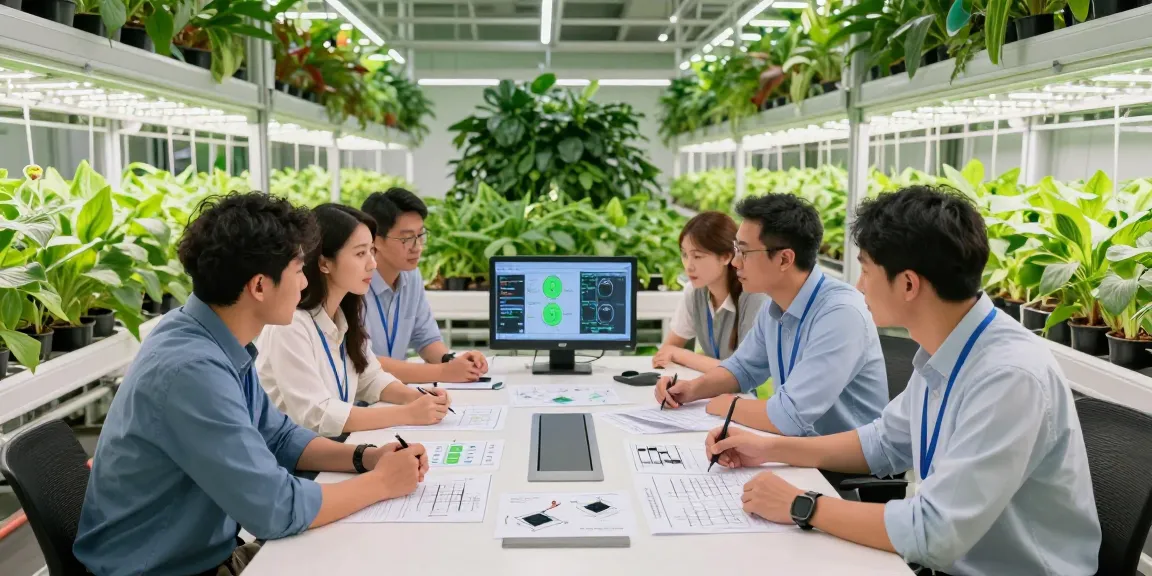 Team collaborating on cika4d indoor agriculture project, showcasing innovative designs, technology, and lush plants.