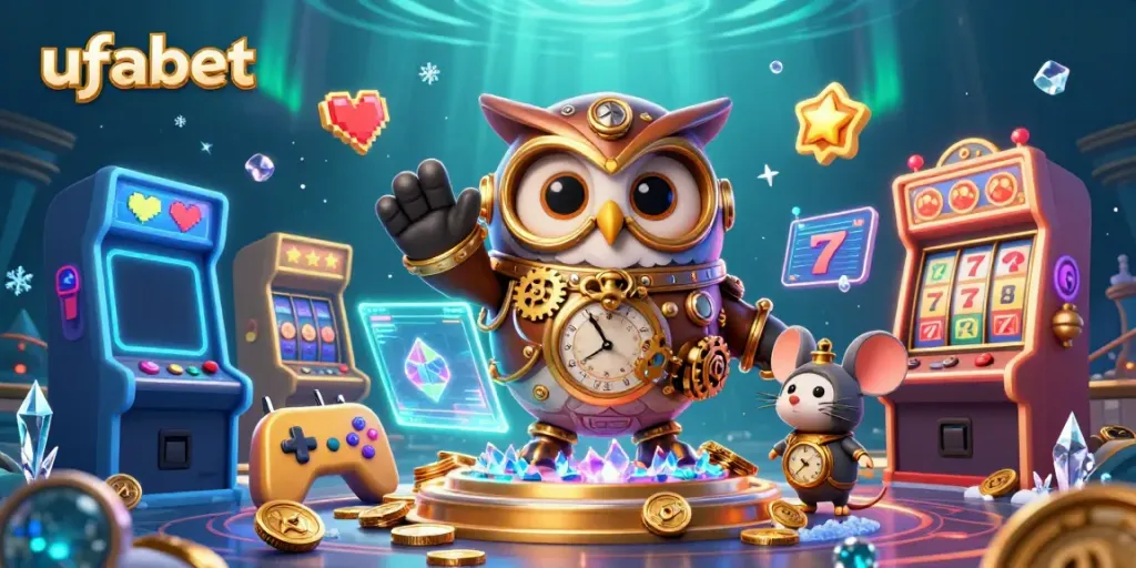 ภาพเวกเตอร์การ์ตูน 3D ที่แสดงการเล่น ufabet กับนกฮูกในสไตล์ Steampunk ร่วมกับเกมแมชชีนและโบนัส